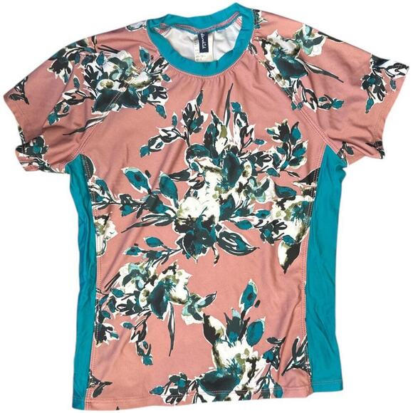 Splendid Teal Mauve Floral Short Sleeve Rashguard Girls Size L - Picture 1 of 6
